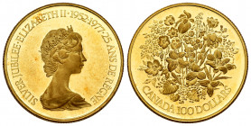 Canada. Elizabeth II. 100 dollars. 1977. (Km-119). Au. 16,87 g. 25th anniversary of the reign of Elizabeth II. 0,917 Gold. Mintage: 180,396. PR. Est.....