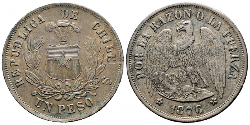 Chile. 1 peso. 1876. Santiago. (Km-142.1). Ag. 25,03 g. Choice VF. Est...30,00. ...