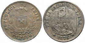 Chile. 1 peso. 1876. Santiago. (Km-142.1). Ag. 25,03 g. Choice VF. Est...30,00. 

Spanish Description: Chile. 1 peso. 1876. Santiago. (Km-142.1). Ag...