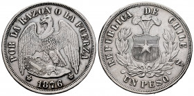 Chile. 1 peso. 1876. Santiago. (Km-142.1). Ag. 24,89 g. Minor nick on edge. Cleaned. Almost XF. Est...65,00. 

Spanish Description: Chile. 1 peso. 1...
