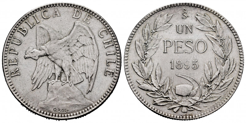 Chile. 1 peso. 1895. Santiago. (Km-152.1). Ag. 19,99 g. Almost XF. Est...35,00. ...