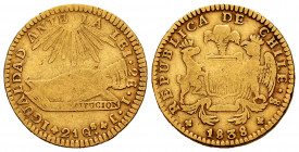 Chile. 2 escudos. 1838. Santiago. IJ. (Km-97). (Fried-39). Au. 6,59 g. This coin is exempt from any export license fee. Almost VF. Est...300,00. 

S...