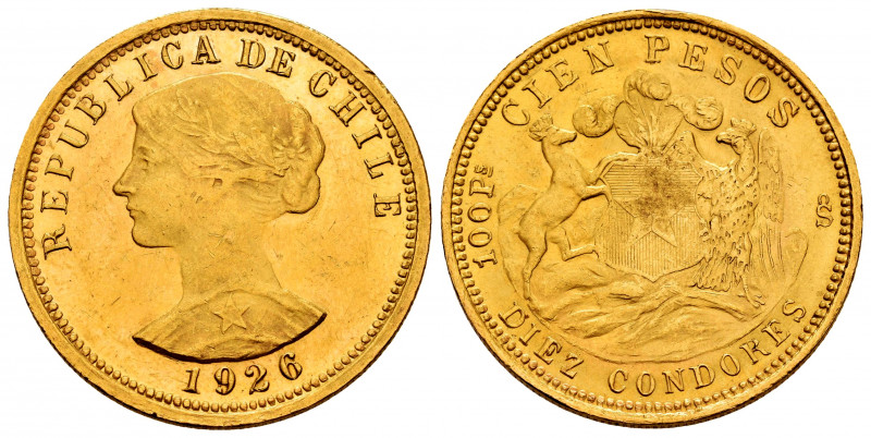 Chile. 100 pesos. 1926. Santiago. (Km-170). (Fried-74). Au. 20,37 g. Minor nicks...