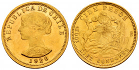 Chile. 100 pesos. 1926. Santiago. (Km-170). (Fried-74). Au. 20,37 g. Minor nicks on edge. XF. Est...800,00. 

Spanish Description: Chile. 100 pesos....