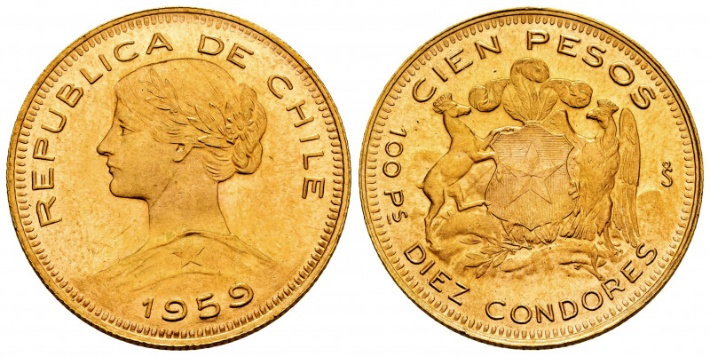 Chile. 100 pesos. 1959. Santiago. (Km-175). (Fried-54). Au. 20,36 g. Original lu...