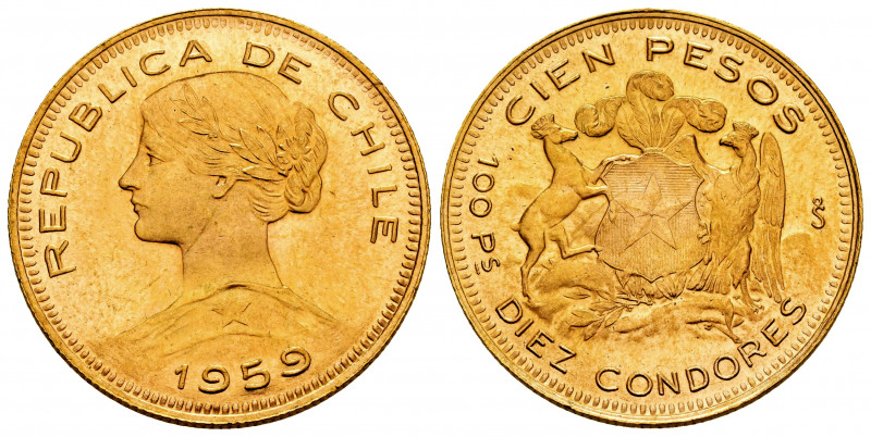 Chile. 100 pesos. 1959. Santiago. (Km-175). (Fried-54). Au. 20,36 g. Original lu...