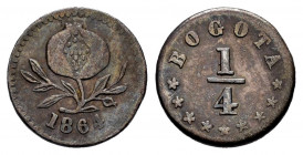 Colombia. 1/4 decimo. 1864. (Km-141.1). Ag. 0,77 g. Toned. VF. Est...40,00. 

Spanish Description: Colombia. 1/4 décimo. 1864. (Km-141.1). Ag. 0,77 ...