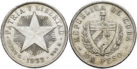 Cuba. 1 peso. 1932. (Km-15.2). Ag. 26,70 g. Almost XF. Est...25,00. 

Spanish Description: Cuba. 1 peso. 1932. (Km-15.2). Ag. 26,70 g. EBC-. Est...2...
