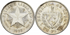 Cuba. 1 peso. 1932. (Km-15.2). Ag. 26,70 g. Knock on edge. Almost XF. Est...25,00. 

Spanish Description: Cuba. 1 peso. 1932. (Km-15.2). Ag. 26,70 g...