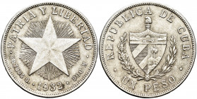 Cuba. 1 peso. 1932. (Km-15.2). Ag. 26,74 g. Choice VF. Est...25,00. 

Spanish Description: Cuba. 1 peso. 1932. (Km-15.2). Ag. 26,74 g. MBC+. Est...2...