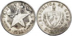 Cuba. 1 peso. 1932. (Km-15.2). Ag. 26,77 g. Stains. Almost XF. Est...30,00. 

Spanish Description: Cuba. 1 peso. 1932. (Km-15.2). Ag. 26,77 g. Manch...