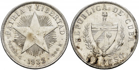 Cuba. 1 peso. 1932. (Km-15.2). Ag. 26,76 g. Hairlines. Almost XF. Est...30,00. 

Spanish Description: Cuba. 1 peso. 1932. (Km-15.2). Ag. 26,76 g. Ra...