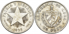 Cuba. 1 peso. 1932. (Km-15.2). Ag. 26,65 g. Almost XF. Est...25,00. 

Spanish Description: Cuba. 1 peso. 1932. (Km-15.2). Ag. 26,65 g. EBC-. Est...2...