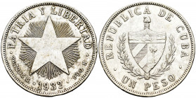 Cuba. 1 peso. 1932. (Km-15.2). Ag. 26,62 g. Minor nicks on edge. Almost XF. Est...30,00. 

Spanish Description: Cuba. 1 peso. 1932. (Km-15.2). Ag. 2...