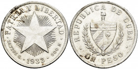 Cuba. 1 peso. 1932. (Km-15.2). Ag. 26,80 g. Almost XF. Est...30,00. 

Spanish Description: Cuba. 1 peso. 1932. (Km-15.2). Ag. 26,80 g. EBC-. Est...3...