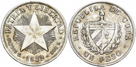 Cuba. 1 peso. 1932. (Km-15.2). Ag. 26,66 g. Choice VF. Est...25,00. 

Spanish Description: Cuba. 1 peso. 1932. (Km-15.2). Ag. 26,66 g. MBC+. Est...2...