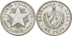 Cuba. 1 peso. 1932. (Km-15.2). Ag. 26,69 g. Almost XF. Est...25,00. 

Spanish Description: Cuba. 1 peso. 1932. (Km-15.2). Ag. 26,69 g. EBC-. Est...2...
