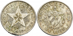 Cuba. 1 peso. 1932. (Km-15.2). Ag. 26,80 g. Dirt. Choice VF. Est...25,00. 

Spanish Description: Cuba. 1 peso. 1932. (Km-15.2). Ag. 26,80 g. Sucieda...