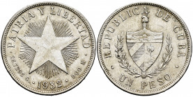 Cuba. 1 peso. 1932. (Km-15.2). Ag. 26,77 g. Almost XF. Est...30,00. 

Spanish Description: Cuba. 1 peso. 1932. (Km-15.2). Ag. 26,77 g. EBC-. Est...3...