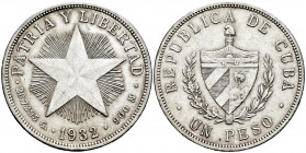 Cuba. 1 peso. 1932. (Km-15.2). Ag. 26,76 g. Minor nicks on edge. Almost XF. Est...30,00. 

Spanish Description: Cuba. 1 peso. 1932. (Km-15.2). Ag. 2...