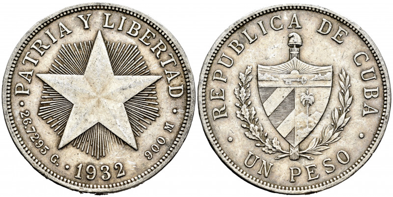 Cuba. 1 peso. 1932. (Km-15.2). Ag. 26,73 g. Minor nicks on edge. Almost XF. Est....