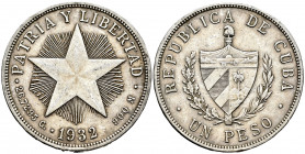 Cuba. 1 peso. 1932. (Km-15.2). Ag. 26,73 g. Minor nicks on edge. Almost XF. Est...30,00. 

Spanish Description: Cuba. 1 peso. 1932. (Km-15.2). Ag. 2...