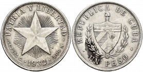 Cuba. 1 peso. 1932. (Km-15.2). Ag. 26,69 g. Minor nick on edge. Almost XF. Est...30,00. 

Spanish Description: Cuba. 1 peso. 1932. (Km-15.2). Ag. 26...