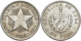Cuba. 1 peso. 1932. (Km-15.2). Ag. 26,69 g. Almost XF. Est...30,00. 

Spanish Description: Cuba. 1 peso. 1932. (Km-15.2). Ag. 26,69 g. EBC-. Est...3...