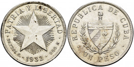 Cuba. 1 peso. 1932. (Km-15.2). Ag. 26,67 g. Almost XF. Est...30,00. 

Spanish Description: Cuba. 1 peso. 1932. (Km-15.2). Ag. 26,67 g. EBC-. Est...3...