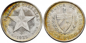 Cuba. 1 peso. 1933. (Km-15.2). Ag. 26,69 g. Choice VF. Est...30,00. 

Spanish Description: Cuba. 1 peso. 1933. (Km-15.2). Ag. 26,69 g. MBC+. Est...3...