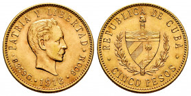 Cuba. 5 pesos. 1916. (Km-19). (Fried-14). Au. 8,36 g. AU/Almost MS. Est...450,00. 

Spanish Description: Cuba. 5 pesos. 1916. (Km-19). (Fried-14). A...