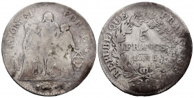 France. I Republic. 5 francs. AN 6 (1797-1798). Bordeaux. K. (Km-639.5). (Gad-563). Ag. 24,22 g. Almost F/F. Est...30,00. 

Spanish Description: Fra...