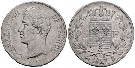 France. Charles X. 5 francs. 1827. Rouen. B. (Km-728.2). (Gad-644). Ag. 24,74 g. Cleaned. Choice VF. Est...50,00. 

Spanish Description: Francia. Ch...