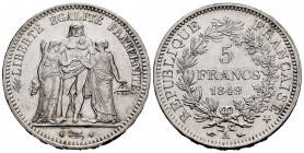 France. II Republic. 5 francs. 1849. Paris. A. (Km-756.1). (Gad-683). Ag. 24,99 g. Minor nick on edge. With some original luster remaining. AU. Est......