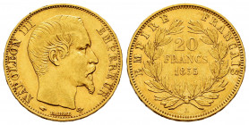 France. Napoleon III. 20 francs. 1855. Paris. A. (Km-781.1). (Gad-1061). (Fried-573). Au. 6,42 g. Choice VF. Est...300,00. 

Spanish Description: Fr...