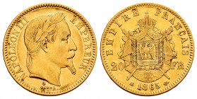 France. Napoleon III. 20 francs. 1865. Strasbourg. BB. (Km-801.2). (Gad-1062). (Fried-585). Au. 6,40 g. Choice VF/VF. Est...300,00. 

Spanish Descri...
