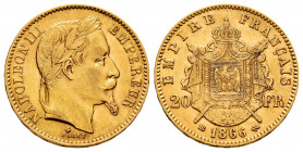 France. Napoleon III. 20 francs. 1866. Strasbourg. BB. (Km-801.2). (Gad-1062). (Fried-585). Au. 6,47 g. Almost XF. Est...300,00. 

Spanish Descripti...