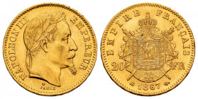 France. Napoleon III. 20 francs. 1867. Strasbourg. BB. (Km-801.2). (Gad-1062). (Fried-585). Au. 6,45 g. AU. Est...320,00. 

Spanish Description: Fra...