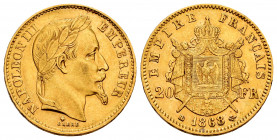 France. Napoleon III. 20 francs. 1868. Strasbourg. BB. (Km-801.2). (Gad-1062). (Fried-585). Au. 6,43 g. Almost XF. Est...300,00. 

Spanish Descripti...