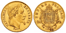 France. Napoleon III. 20 francs. 1868. Strasbourg. BB. (Km-801.2). (Gad-1062). (Fried-585). Au. 6,45 g. Almost XF. Est...300,00. 

Spanish Descripti...