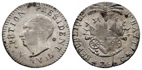 Haiti. 25 centimes. AN 14 (1817). (Km-15.2). Ag. 2,01 g. Planchet defect. Scarce. Almost XF. Est...90,00. 

Spanish Description: Haití. 25 centimes....