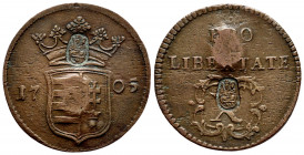Hungary. Franz Rakoczy, (1703-1711). 10 Poltura. 1705. (Herinek-24). Ae. 8,20 g. Countermark in Virgin with child on obverse and reverse. Exempt from ...