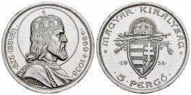 Hungary. 5 pengo. 1938. (Km-516). Ag. 24,94 g. 900th Anniversary - Death of St. Stephan. AU. Est...40,00. 

Spanish Description: Hungría. 5 pengo. 1...