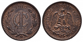 Mexico. 1 centavo. 1910. (Km-415). Ae. 3,00 g. XF/Almost XF. Est...18,00. 

Spanish Description: México. 1 centavo. 1910. (Km-415). Ae. 3,00 g. EBC/...