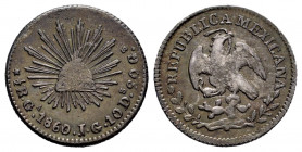 Mexico. 1/2 real. 1860/59. Guadalajara. JG. (Km-370.5). Ag. 1,70 g. Toned. Choice VF. Est...40,00. 

Spanish Description: México. 1/2 real. 1860/59....