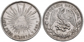 Mexico. 1 peso. 1909. México. GV. (Km-409.2). Ag. 26,94 g. Slightly cleaned. Minor nicks on edge. Choice VF. Est...30,00. 

Spanish Description: Méx...