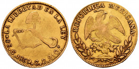 Mexico. 8 escudos. 1869. Culiacan. CE. (Km-383.2). Au. 26,89 g. Scratch. Scarce. Choice VF. Est...1700,00. 

Spanish Description: México. 8 escudos....