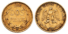 Mexico. 2 pesos. 1920. (Km-461). Au. 1,67 g. XF. Est...70,00. 

Spanish Description: México. 2 pesos. 1920. (Km-461). Au. 1,67 g. EBC. Est...70,00.