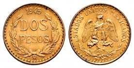 Mexico. 2 pesos. 1945. (Km-461). Au. 1,68 g. XF. Est...70,00. 

Spanish Description: México. 2 pesos. 1945. (Km-461). Au. 1,68 g. EBC. Est...70,00.
