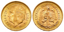 Mexico. 5 pesos. 1955. (Km-464). Au. 4,16 g. Mint state. Est...175,00. 

Spanish Description: México. 5 pesos. 1955. (Km-464). Au. 4,16 g. SC. Est.....